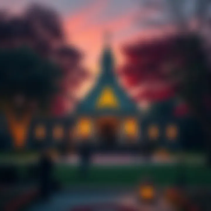 A peaceful church surrounded by nature, with people engaged in spiritual practices.