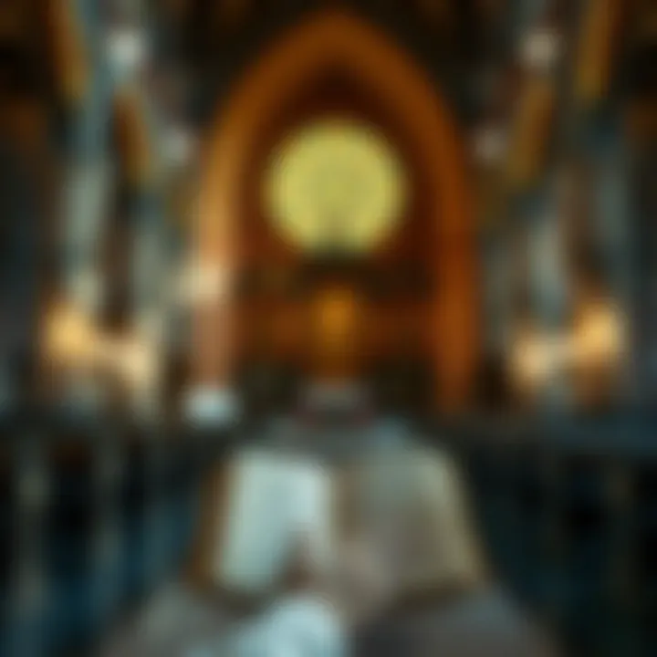 A church setting with a person holding a prayer book, symbols of Christian and Norse traditions visible, reflecting a blend of beliefs.