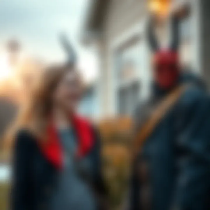 A pastor's wife smiling as she greets her new neighbor, who has a distinct style suggesting satanism, in a friendly manner.