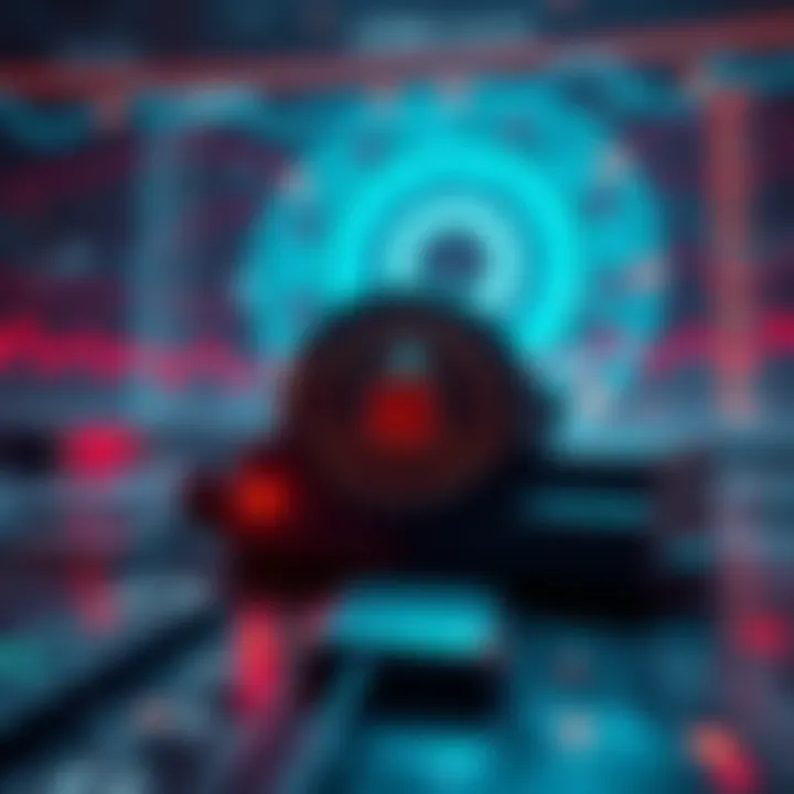 A representation of connections between the CIA and advanced technology, featuring symbols of control and secrecy, with technology graphs in the background.