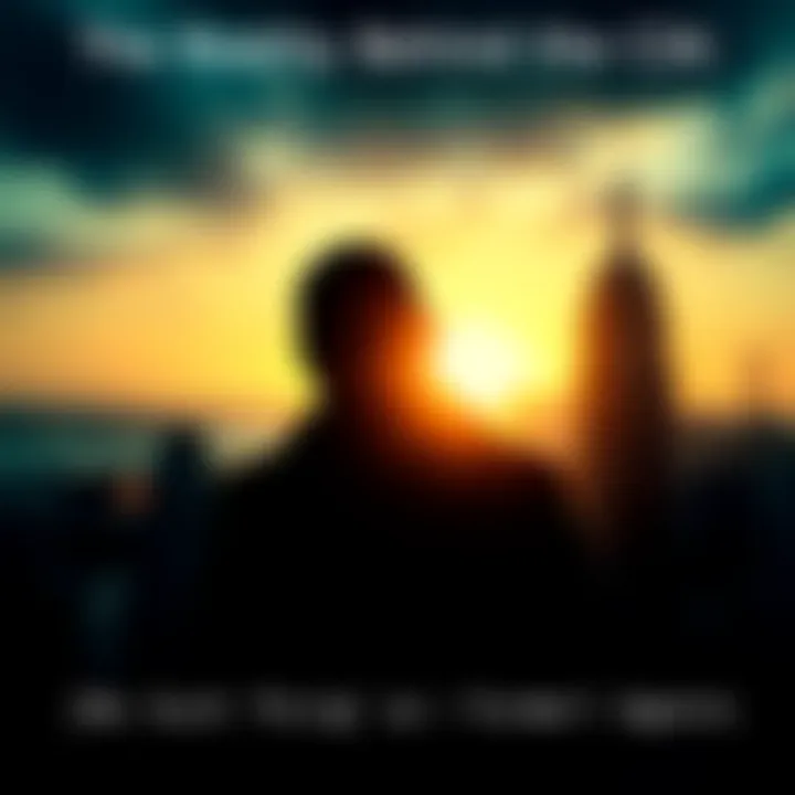 A shadowy figure representing a CIA agent, blurred background of a city skyline, evoking secrecy and intrigue.