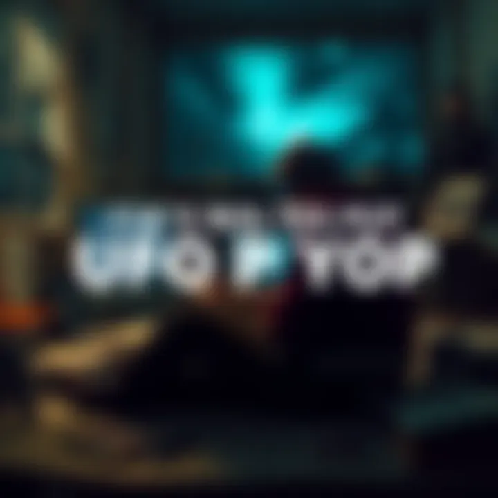 CIA Operative Examining UFO Files A CIA operative reviewing documents related to UFO sightings in a dimly lit office, surrounded by various UFO-related materials and a computer screen displaying data.