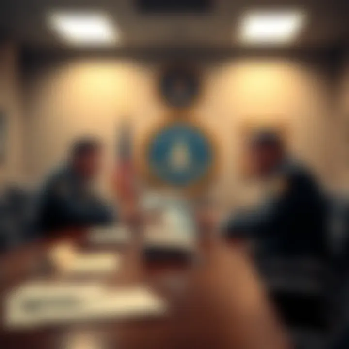 An image showing CIA and FBI officials discussing documents in a meeting room, highlighting themes of government transparency and accountability.