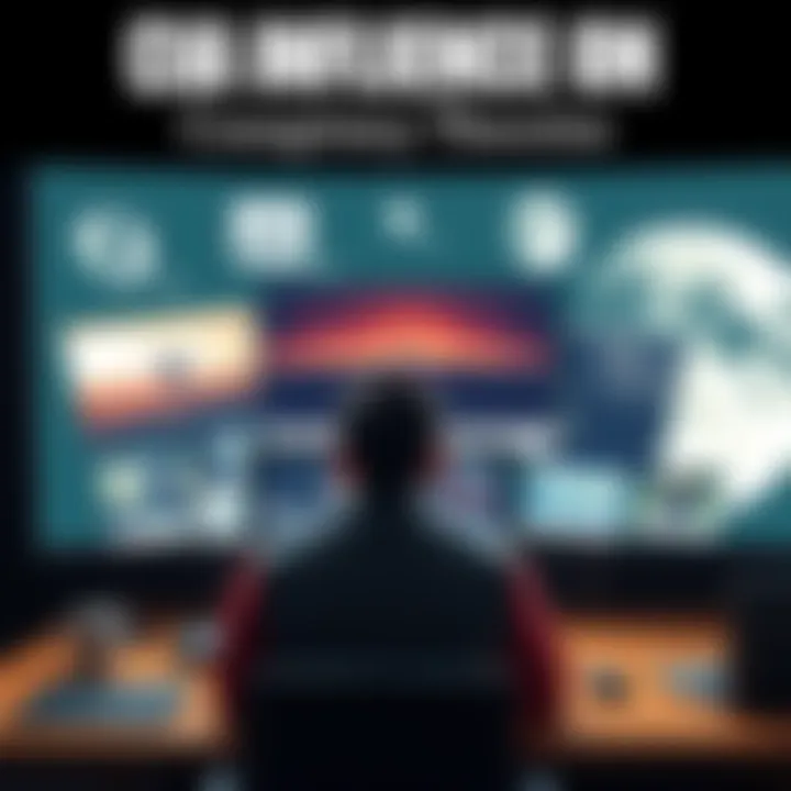 CIA Influence on Conspiracy Theories A person at a computer, viewing conspiracy theory videos online, surrounded by images of the flat Earth and moon landing theories.