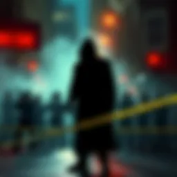 A shadowy figure representing the CIA stands over a crime scene, highlighting controversies around agency involvement in murders, with caution tape and media reporters in the background.
