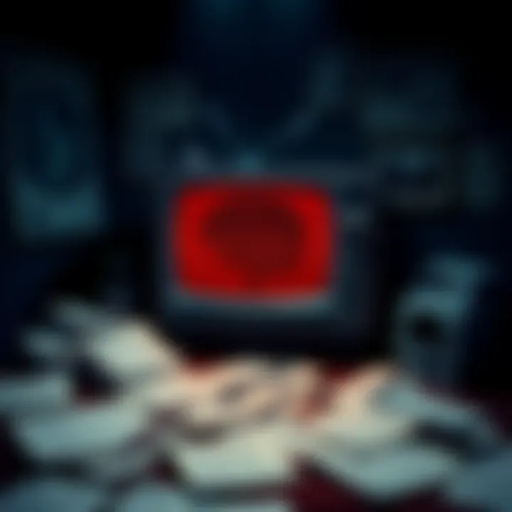 A dark room with a vintage television, showing brainwaves on the screen. Papers and documents scattered around hinting at secret experiments.