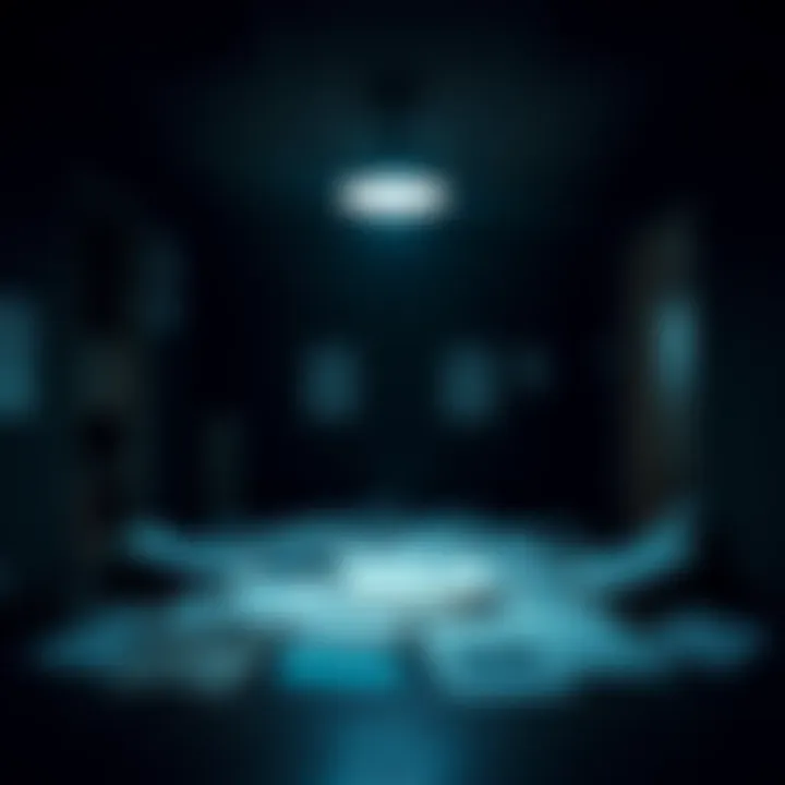 A dark room with a light illuminating documents related to MK-Ultra and federal agencies, symbolizing secret programs and investigations.