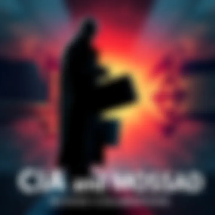 CIA and Mossad Collaboration A shadowy figure stands with a briefcase, symbolizing covert operations. Background includes maps and flags of the USA and Israel.