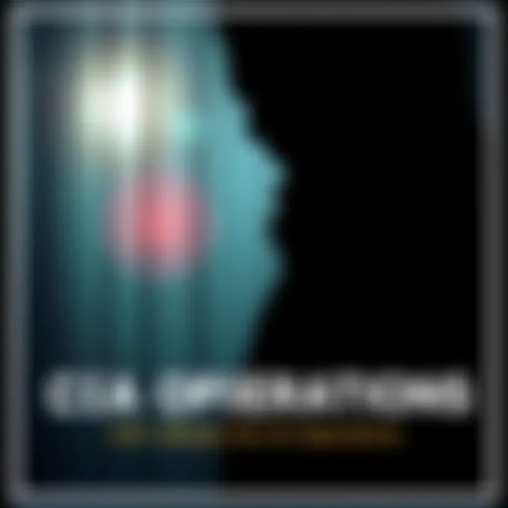 A silhouette of a spy observing from behind a curtain, with CIA symbols in the background, illustrating secret intelligence work.