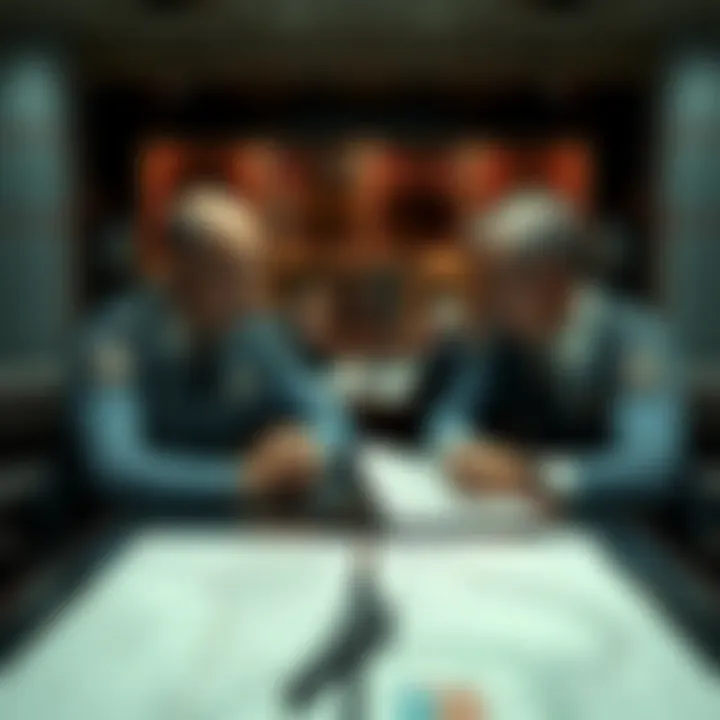 Two CIA operatives seated at a table, engaged in a serious conversation, with maps and documents spread out in front of them, indicating a planning session.
