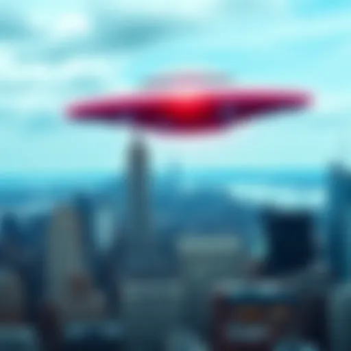 Cigar-shaped UFO over New York City A cigar-shaped UFO hovering in the sky above New York City, with buildings visible below