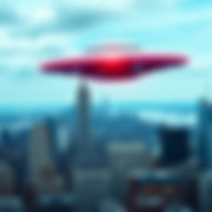 Cigar-shaped UFO over New York City A cigar-shaped UFO hovering in the sky above New York City, with buildings visible below