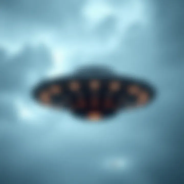 Footage of a cigar-shaped UFO with a positive lift hovering in the sky, showing low visibility as the camera focuses on it.