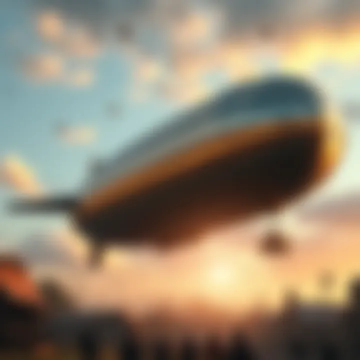 Cigar-shaped airship in the sky A massive cigar-shaped airship flying over a 19th-century town with curious onlookers below.