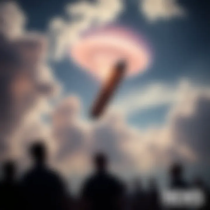 A cigar-shaped object hovering in the sky, surrounded by clouds and light, with observers looking up in curiosity.