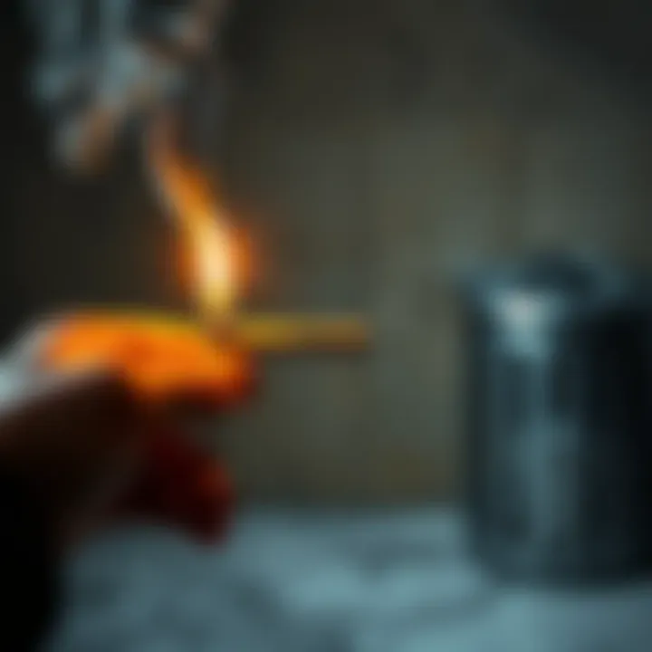 A hand holding a lit cigarette with a name written on it, smoke rising as the person visualizes their enemy fading away, a trashcan in the background