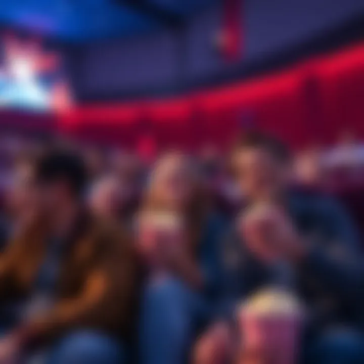 A group of friends sitting in a cinema, sharing popcorn and watching a film on the big screen.