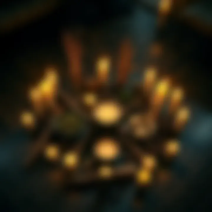 A ritual circle filled with candles, herbs, and unusual offerings, depicting the practice of summoning spirits.