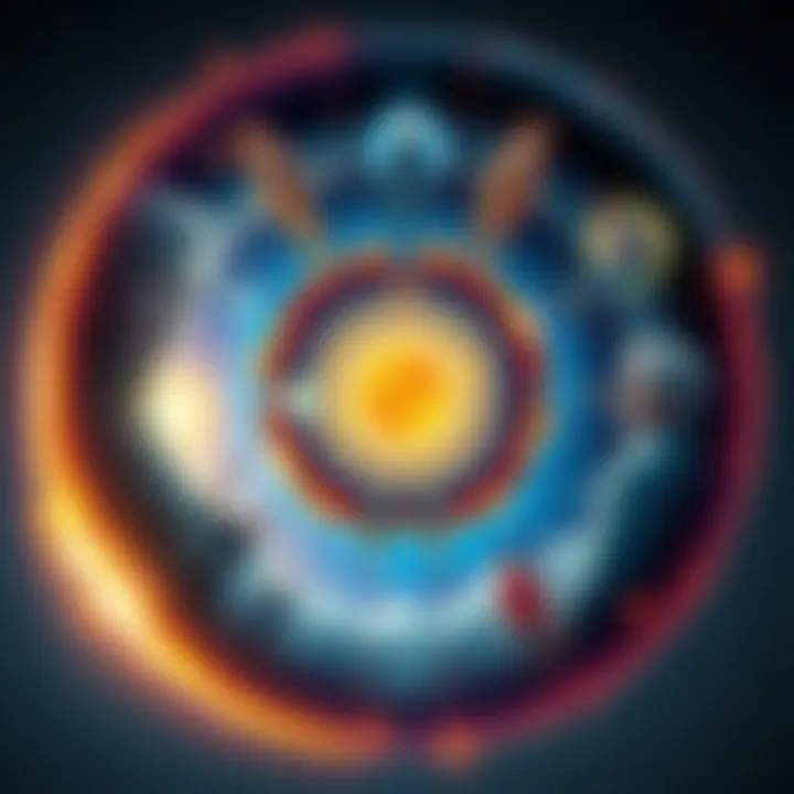 An illustration showing a circle of souls transitioning between different life stages, symbolizing reincarnation and growth.