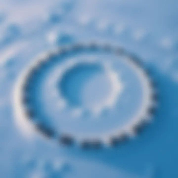 Circular formation in Antarctica Aerial view of a large circular formation resembling ancient city designs found in Antarctica, surrounded by snow and ice.