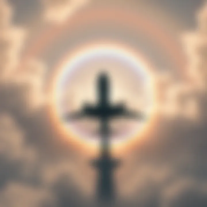 A circular rainbow phenomenon seen in clouds beneath an airplane, highlighting the plane's shadow.