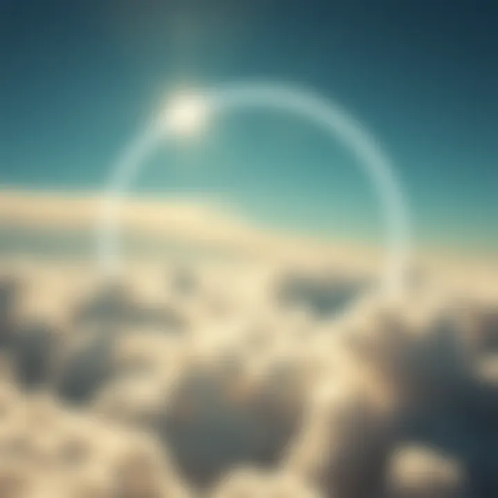 A circular unidentified aerial phenomenon making a sharp turn in the sky above fluffy clouds.