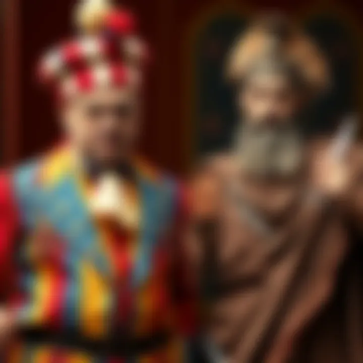 An angry circus owner with a colorful outfit stands next to a Roman barber holding scissors, both looking humorous.