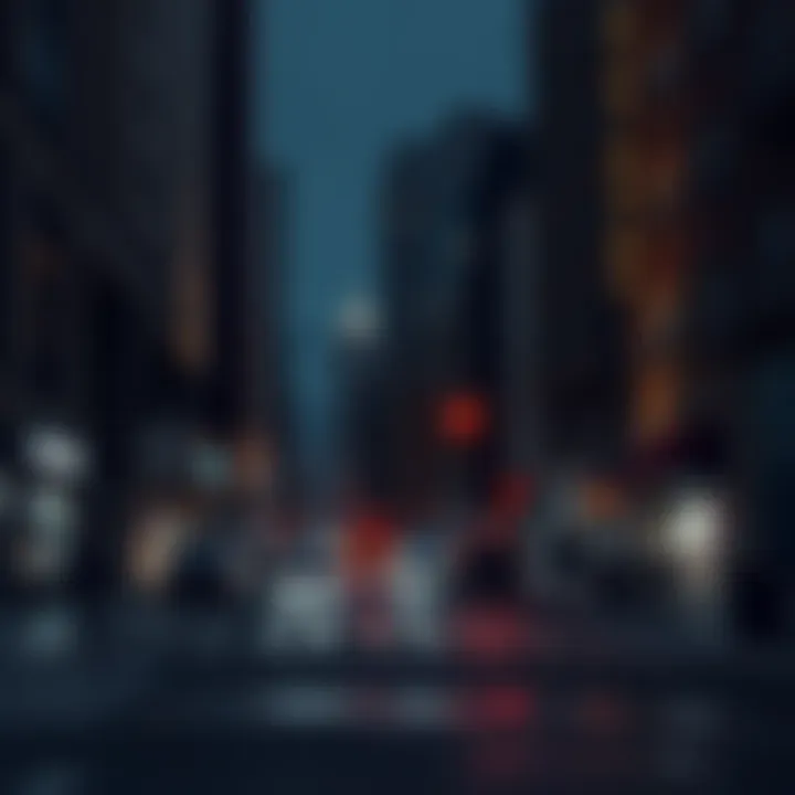 Dark city streets during a blackout with few lights on