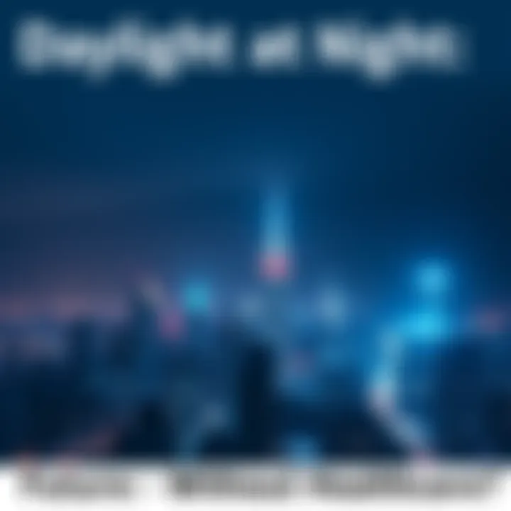 City skyline under bright night light A city skyline glowing with artificial daylight at night, contrasting with the dark sky, highlighting innovation's impact on society.