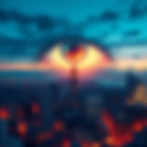 A city skyline under a large, watchful eye symbolizing oversight and control in modern society.