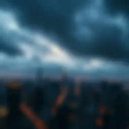 A city skyline shrouded in dark clouds, symbolizing an impending blackout, with lights flickering off in the buildings.