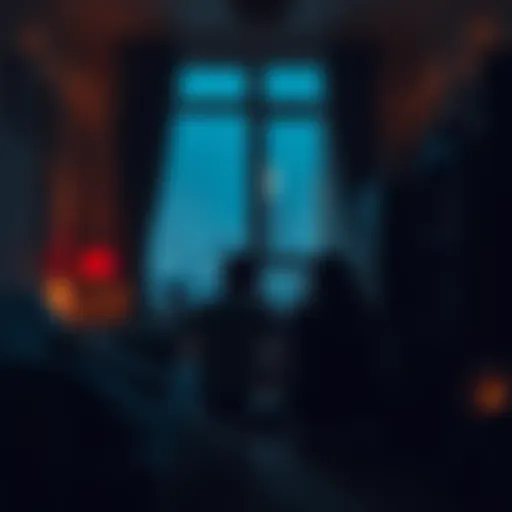 A family looks troubled in a dimly lit apartment, with strange lights and shadows visible outside the window, suggesting noise from rowdy neighbors.