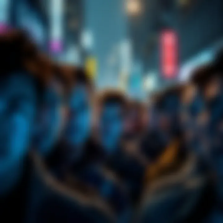 A group of city dwellers with bright blue eyes staring in different directions, creating an eerie atmosphere.