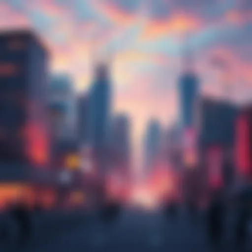 A vibrant city skyline representing urban life in 2025 with modern buildings and people.