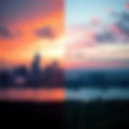 A split view showing a vibrant city skyline on one side and a peaceful natural horizon on the other, representing Pisceans' skyline choices.
