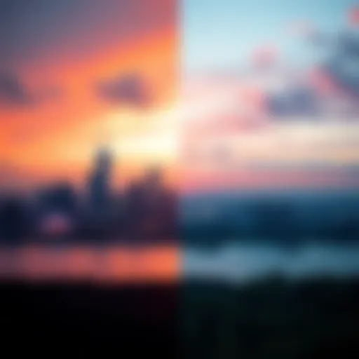 A split view showing a vibrant city skyline on one side and a peaceful natural horizon on the other, representing Pisceans' skyline choices.