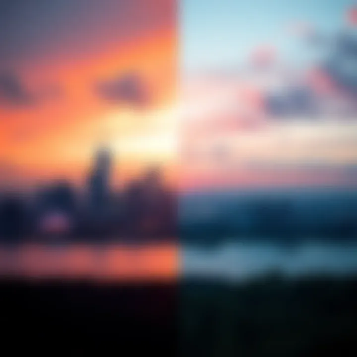 A split view showing a vibrant city skyline on one side and a peaceful natural horizon on the other, representing Pisceans' skyline choices.
