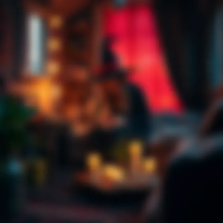 A city witch performs a ritual in a cozy apartment, surrounded by candles and herbs, showcasing how to adapt traditions in limited space.