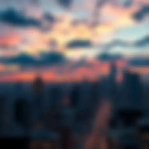 A city skyline at dusk with contrasting lights and shadows, representing the conflict between good and evil in contemporary life.