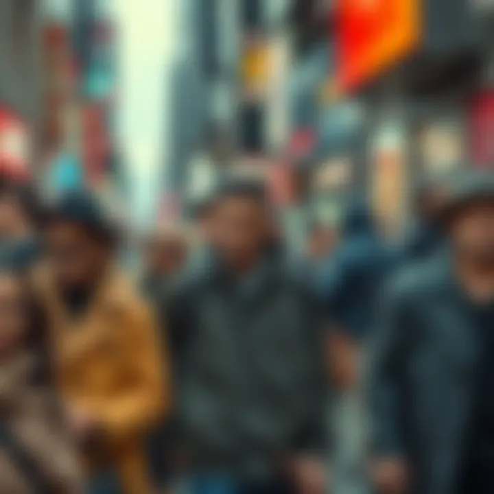 People in a bustling city A group of people in a busy urban setting, showcasing various styles of clothing and accessories, symbolizing the pursuit of status and validation through appearance and wealth.