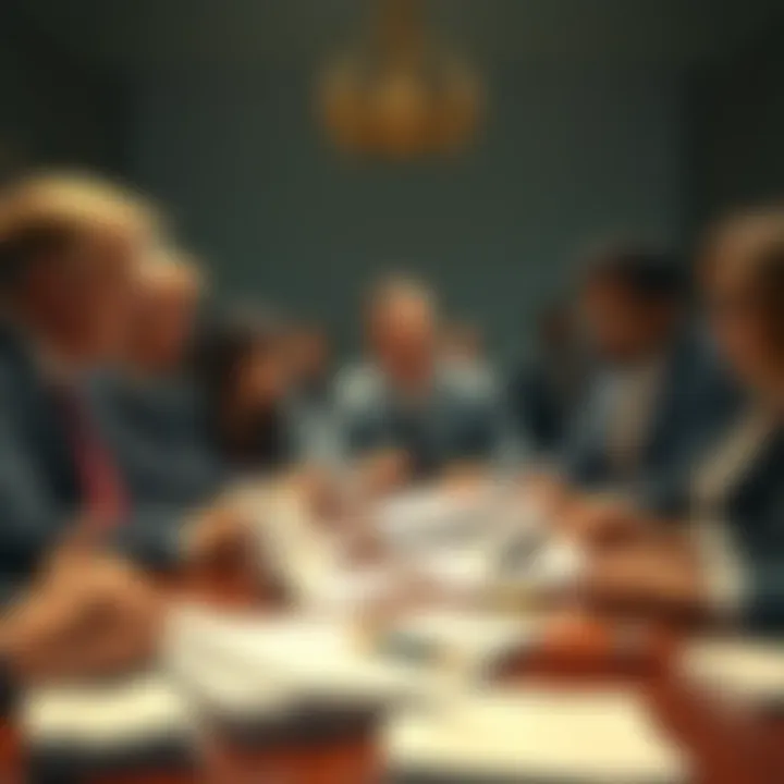 Group of politicians and celebrities discussing in a tense meeting, with documents scattered around, reflecting a sense of urgency and concern over civil unrest.
