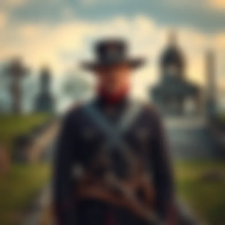 A person dressed in a Civil War soldier's uniform stands in Gettysburg, surrounded by historical monuments.