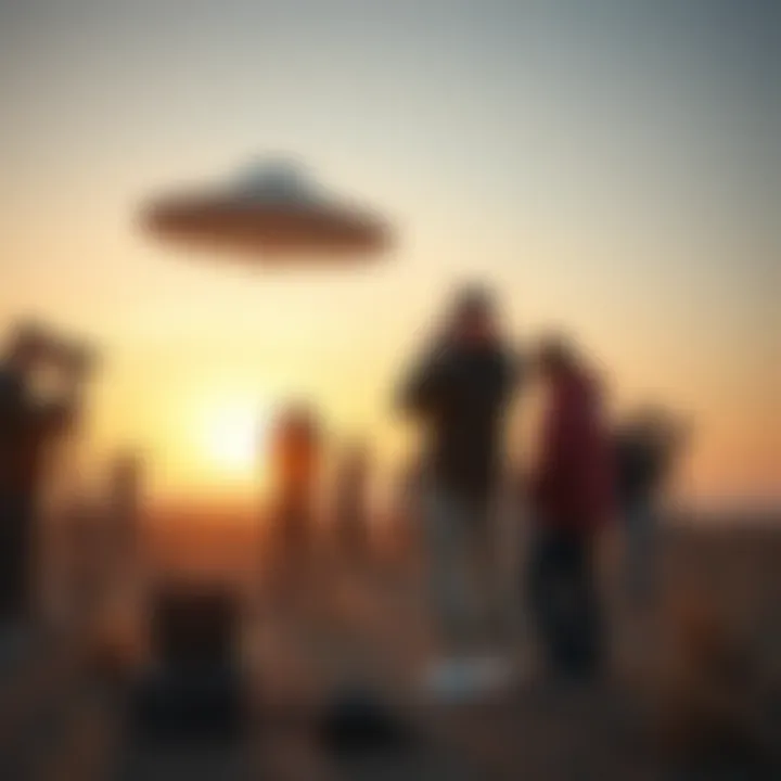 A group of people using technology to study unidentified aerial phenomena, with equipment like cameras and laptops in an open area.
