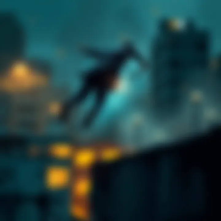 A person jumping from a height, appearing to abandon a rifle, with a chaotic urban background.