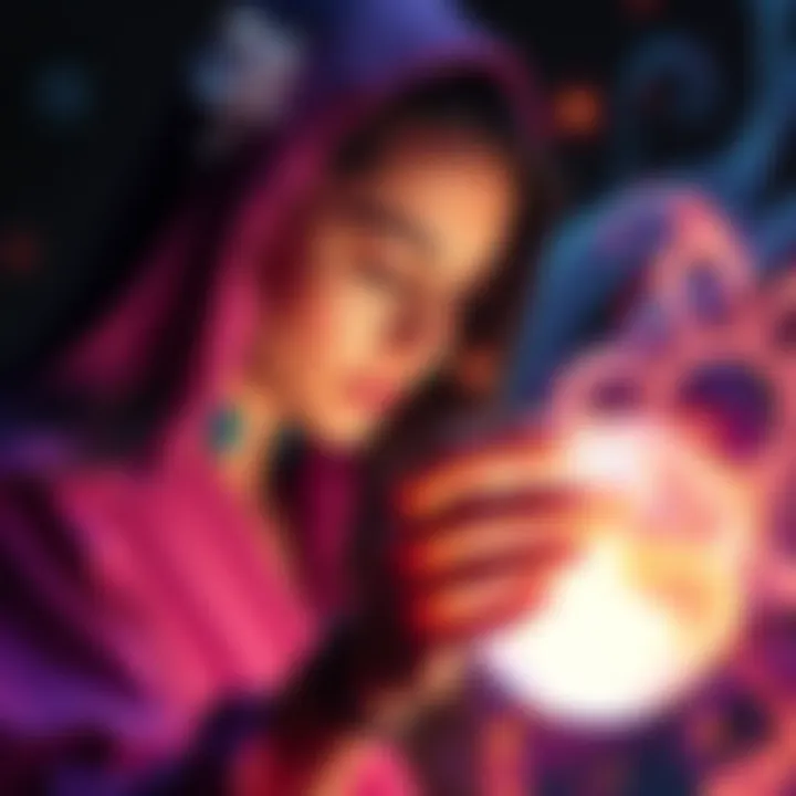 A woman with mystical energy around her, focused on a crystal ball, symbolizing her psychic abilities and the ethical dilemmas they present.
