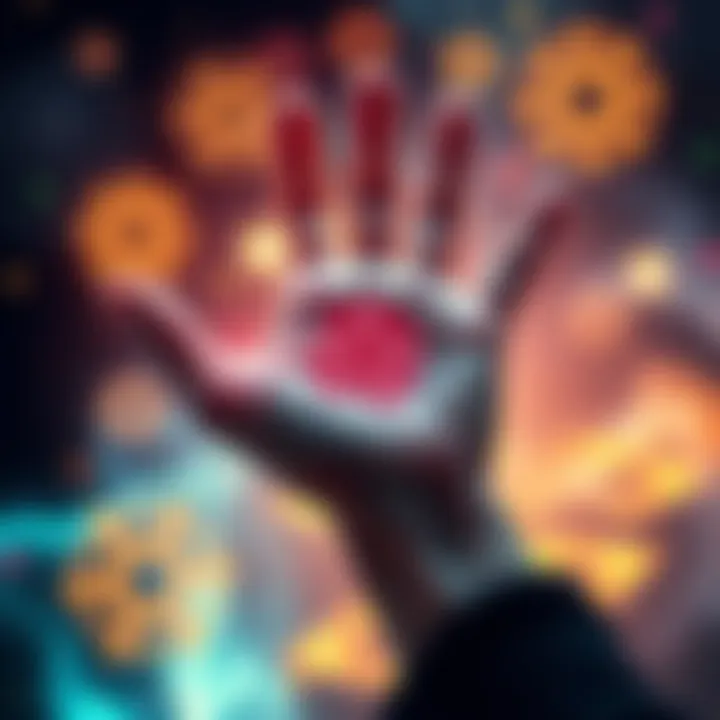 A hand with glowing lines depicting psychic energy, surrounded by mystical symbols.