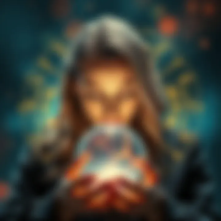 A woman gazing into a crystal ball with mystical symbols around her, offering intuitive insights and guidance.