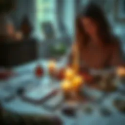 A serene scene of a clairvoyant reading tarot cards with candles and crystals on the table, offering guidance on love, work, and family challenges.
