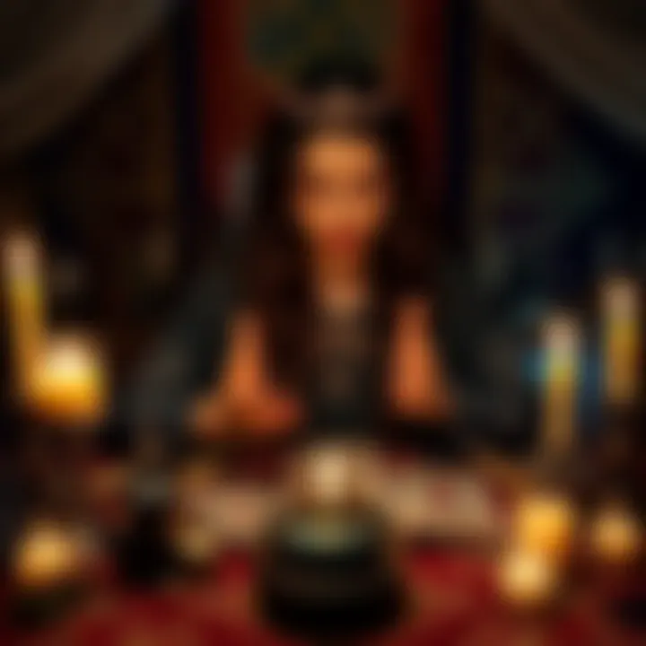 A person giving a tarot reading without tools, surrounded by candles and spiritual symbols.