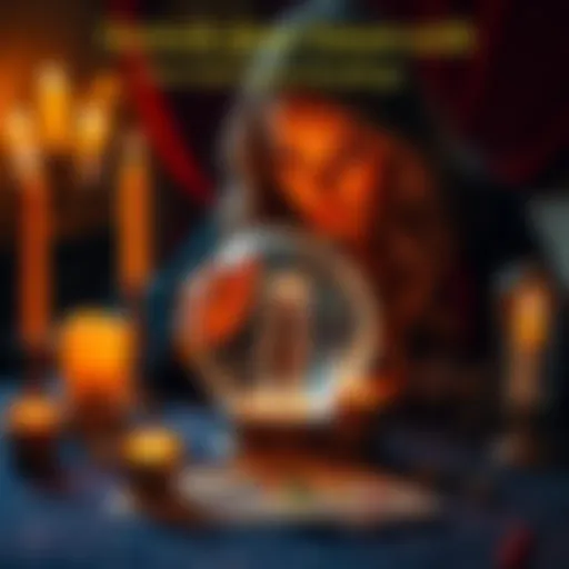 A clairvoyant looks into a crystal ball while surrounded by candles and tarot cards, offering free readings to individuals.